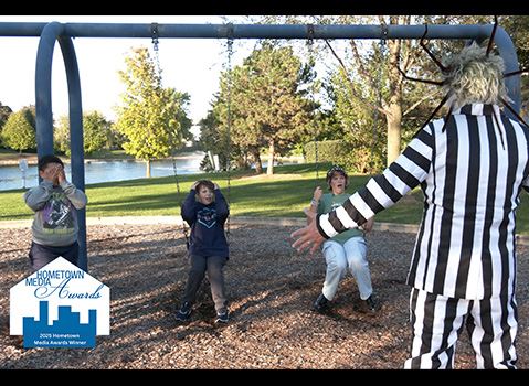 Still photo of the award-winning Beetlejuice PSA that Romeoville produced