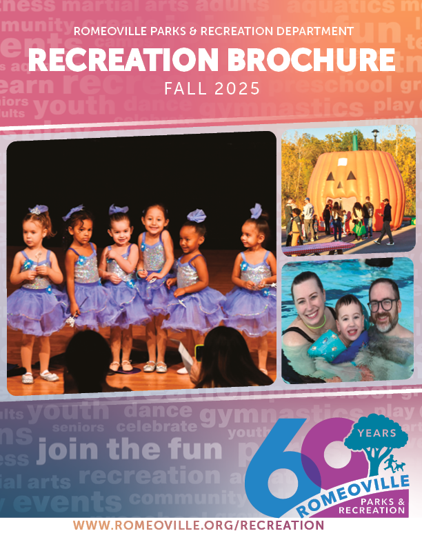 Fall 2025 Recreation Brochure features dancers in costume, a family swimming, pumpkin inflatable