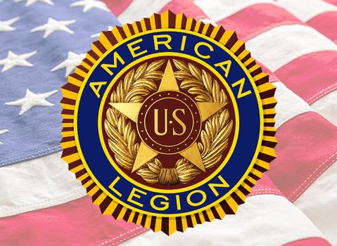 American Legion Logo with an American Flag background