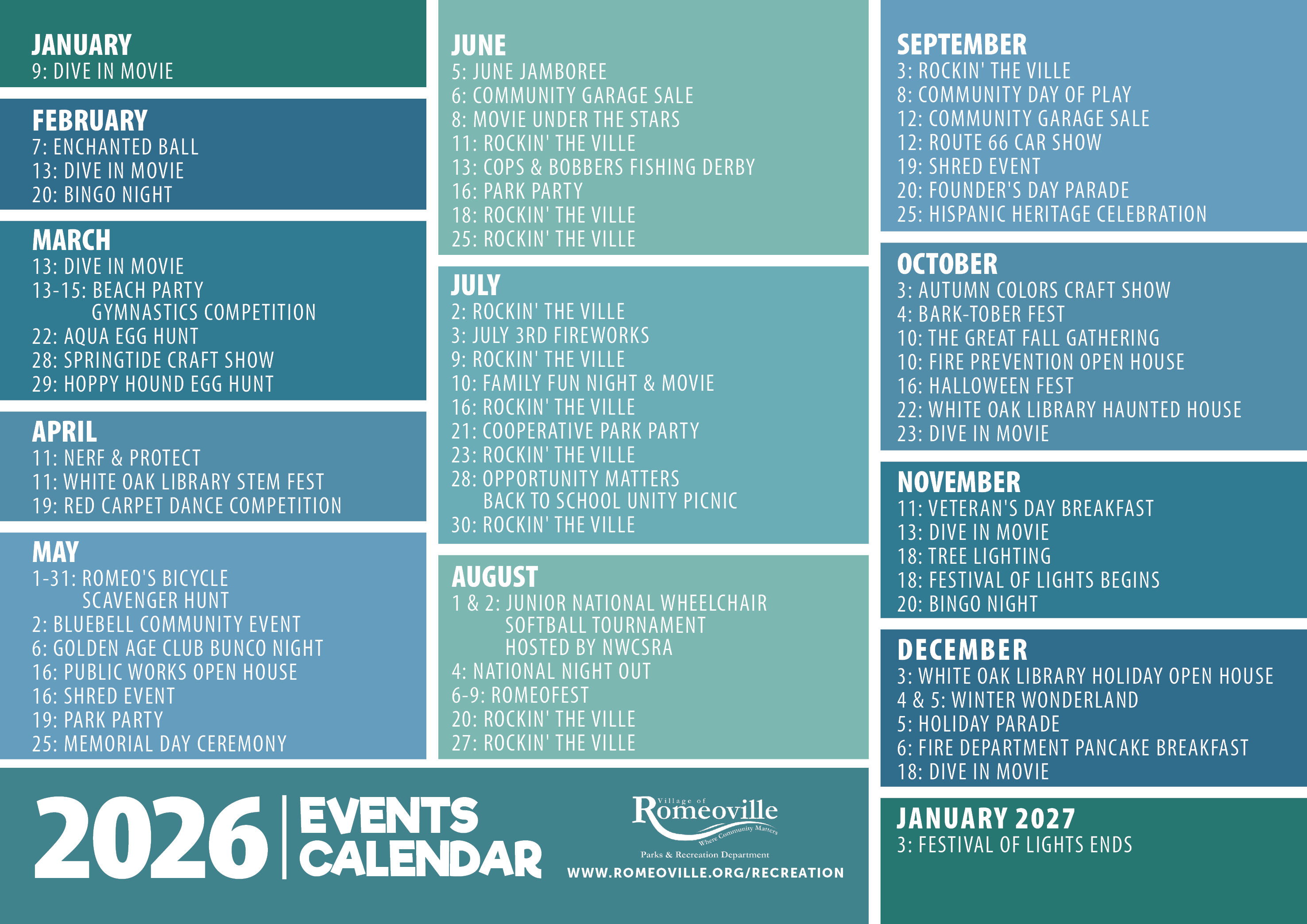 Calendar listing all of the events for 2026 in greens, teals and blues