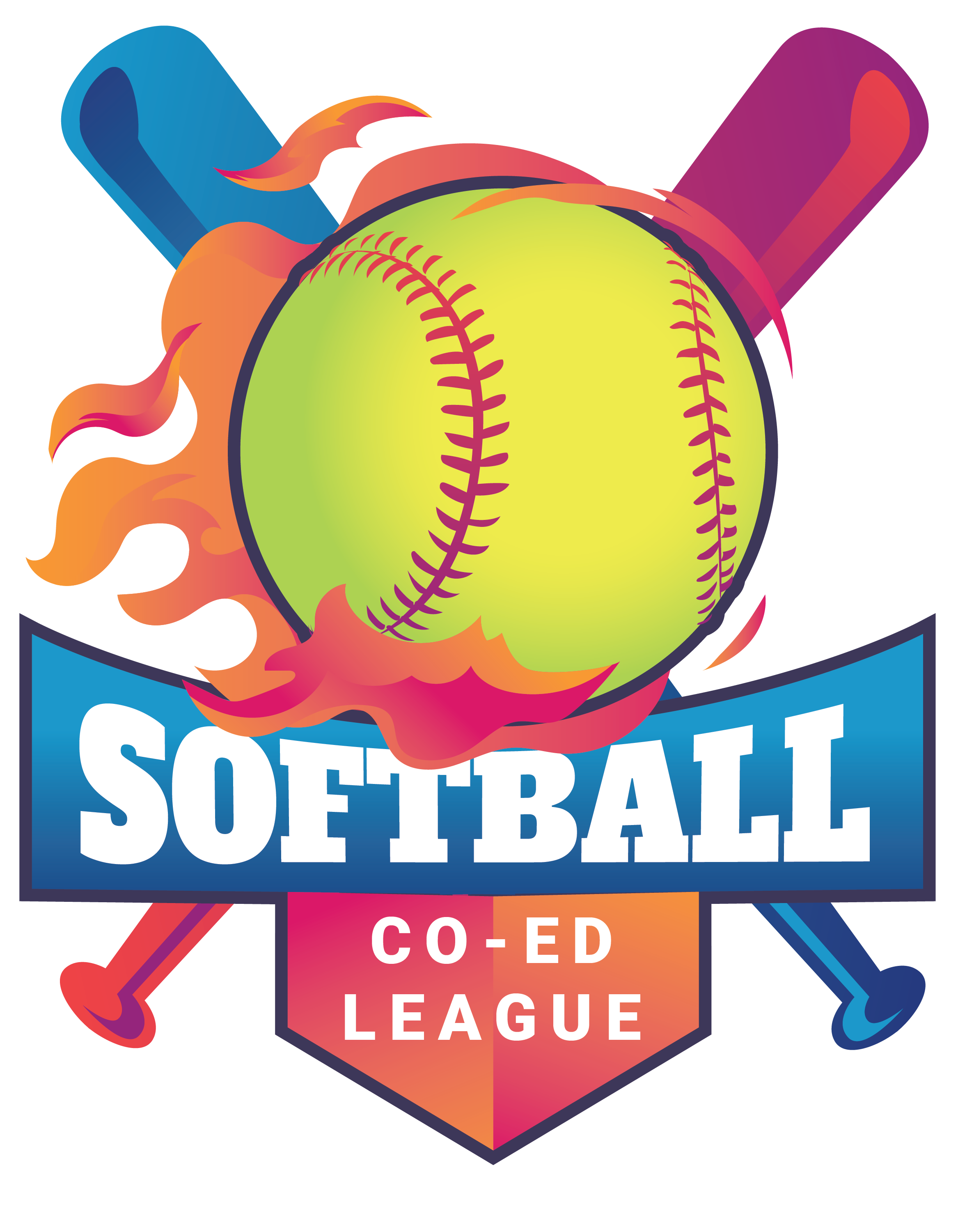 Co-Ed Softball logo depicts ball with flames coming off of it over a blue and pink set of bats