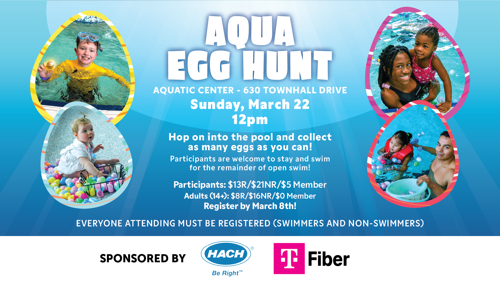 Aqua Egg Hunt with photos of participants collecting eggs at the Aquatic Center